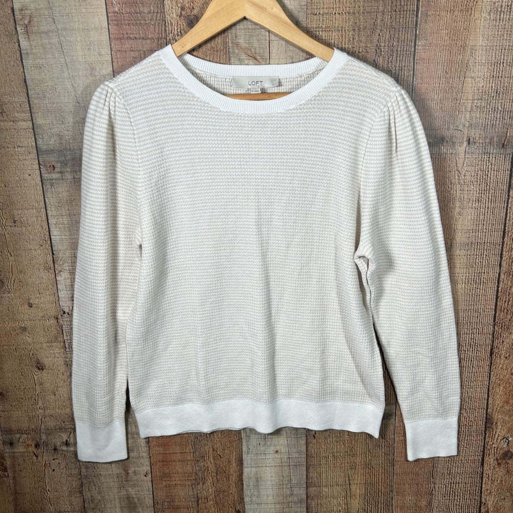LOFT Cream Beige 100% Cotton Striped Puff Sleeve Textured Knit Sweater XL New